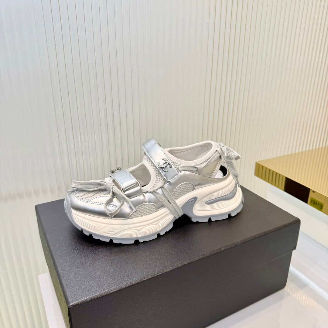 CHANEL 26S VELCRO SNEAKERS IN SILVER CALFSKIN WITH BOW