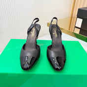 CHANEL 26S SLINGBACK POINTED-TOE HEELS 95 MM IN BLACK LAMBSKIN