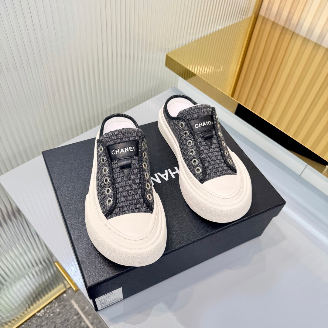 CHANEL 26S MULE SNEAKERS IN BLACK CHECKERED WOVEN DENIM FABRIC STYLE 5