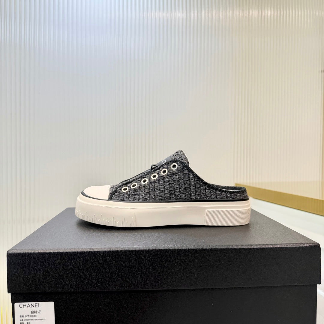CHANEL 26S MULE SNEAKERS IN BLACK CHECKERED WOVEN DENIM FABRIC