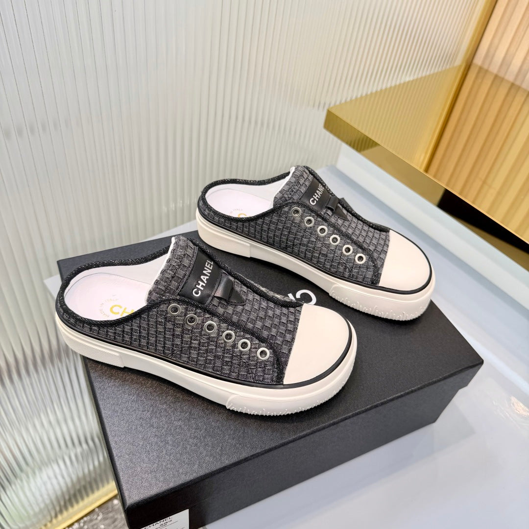 CHANEL 26S MULE SNEAKERS IN BLACK CHECKERED WOVEN DENIM FABRIC