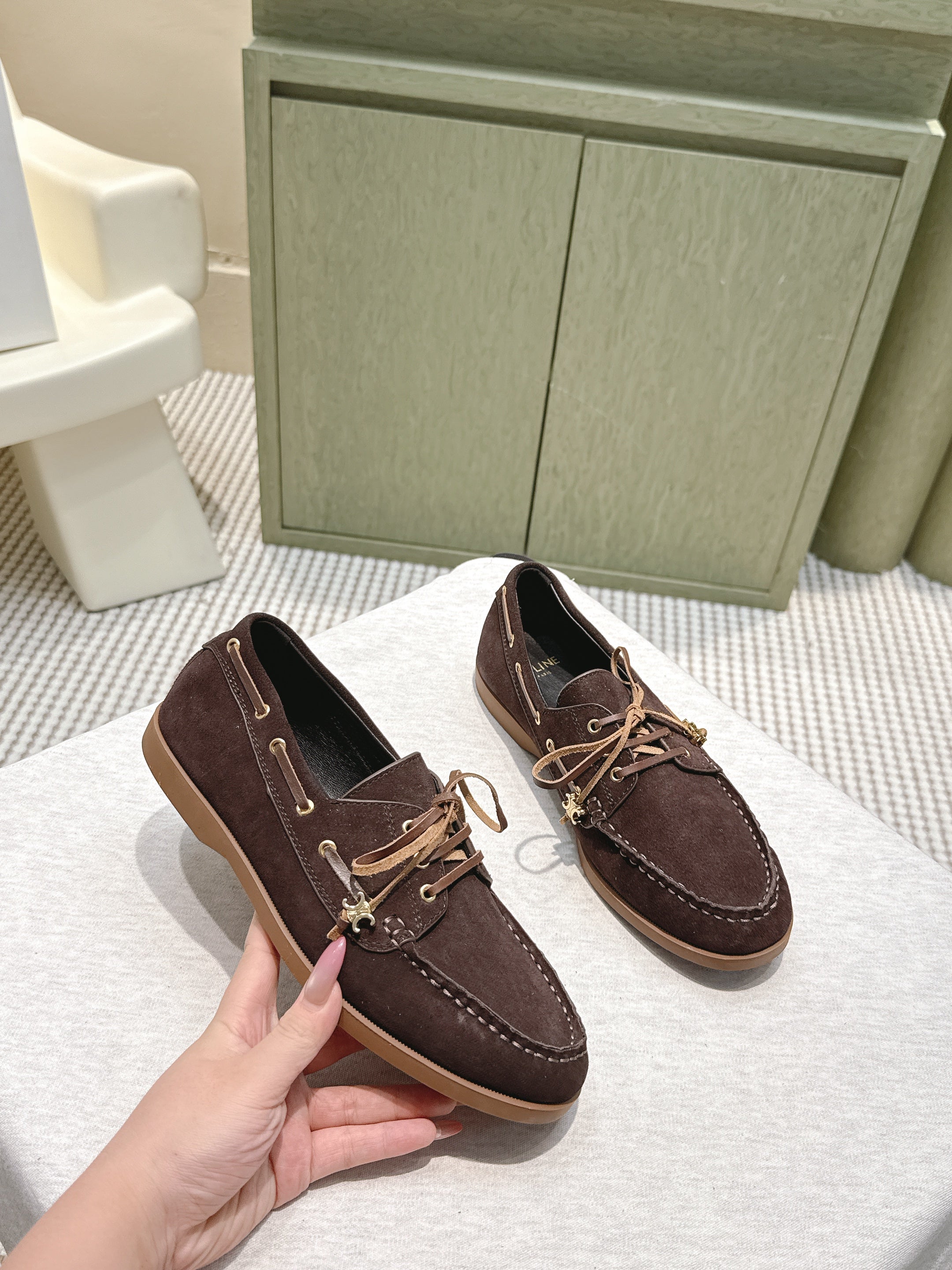 CELINE 26S LACE-UP LOAFERS IN DARK BROWN SUEDE