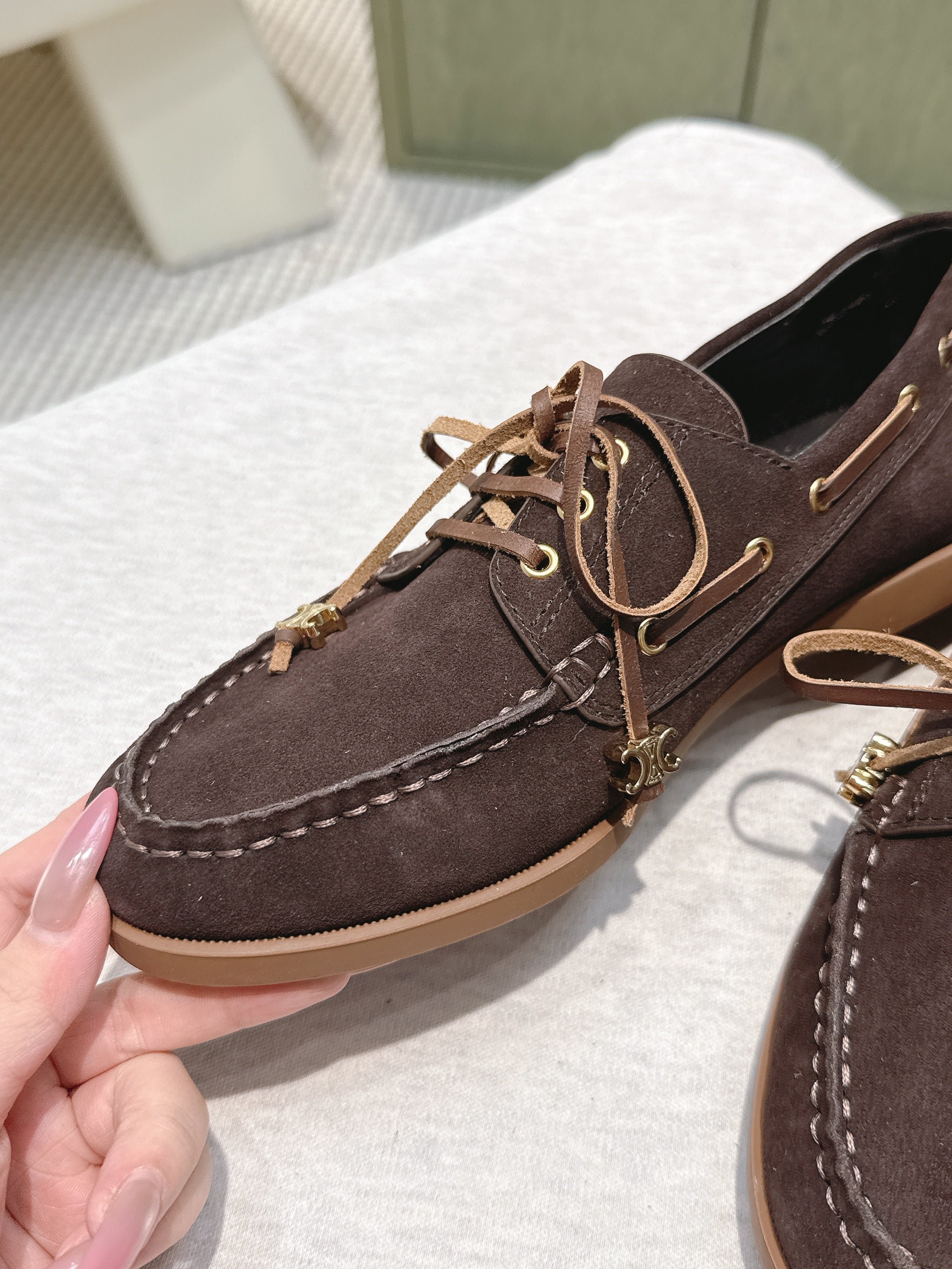 CELINE 26S LACE-UP LOAFERS IN DARK BROWN SUEDE