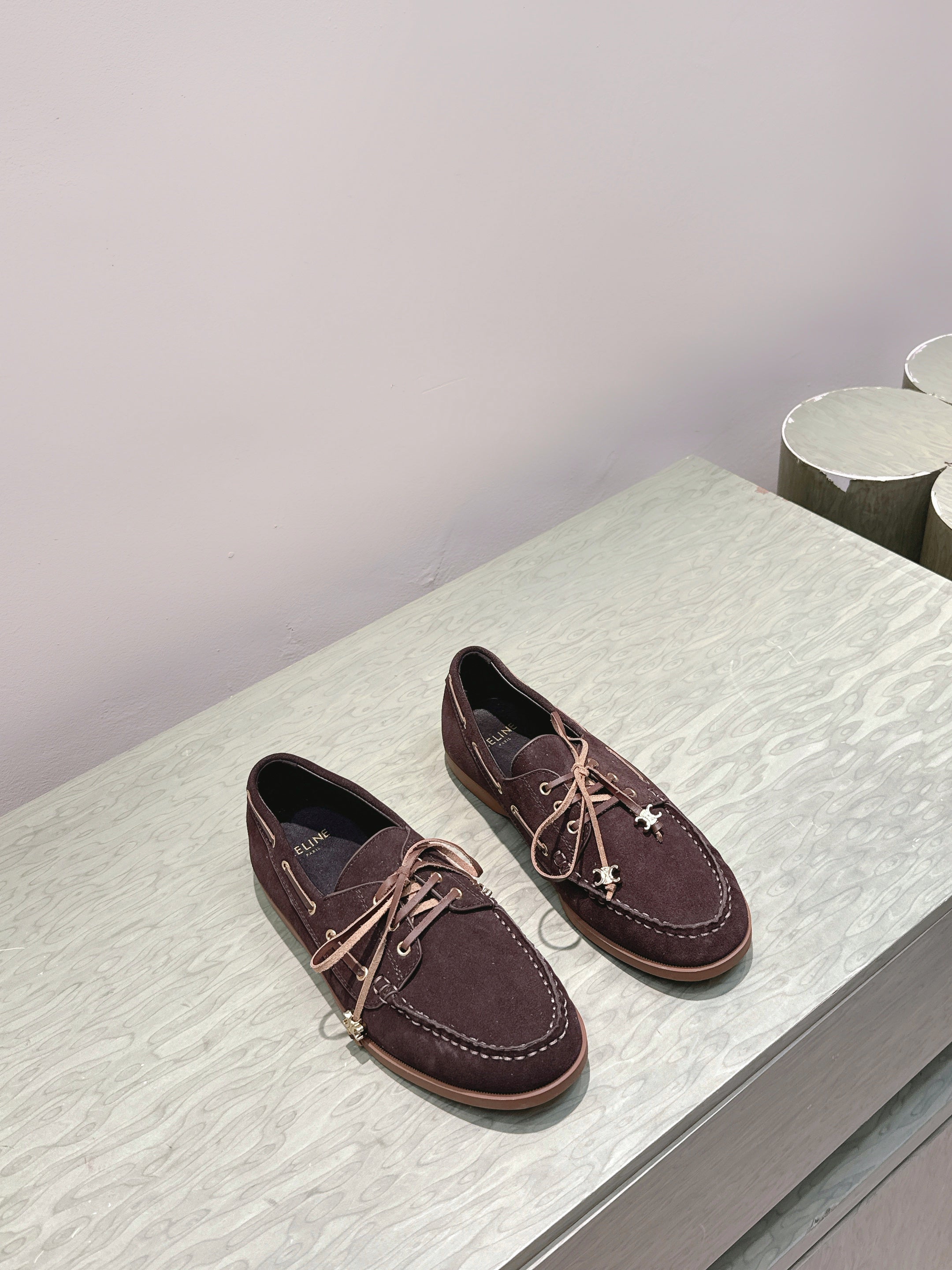 CELINE 26S LACE-UP LOAFERS IN DARK BROWN SUEDE