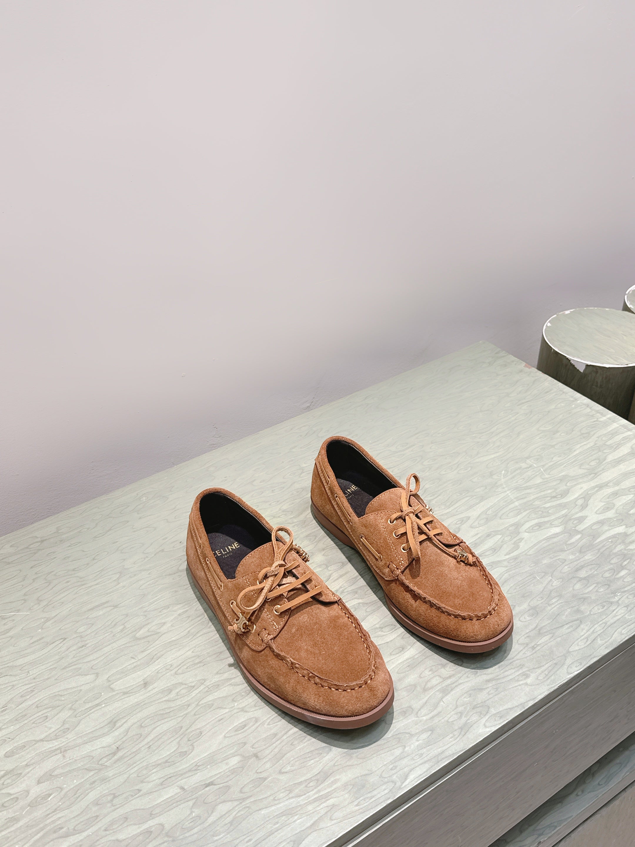 CELINE 26S LACE-UP LOAFERS IN BROWN SUEDE