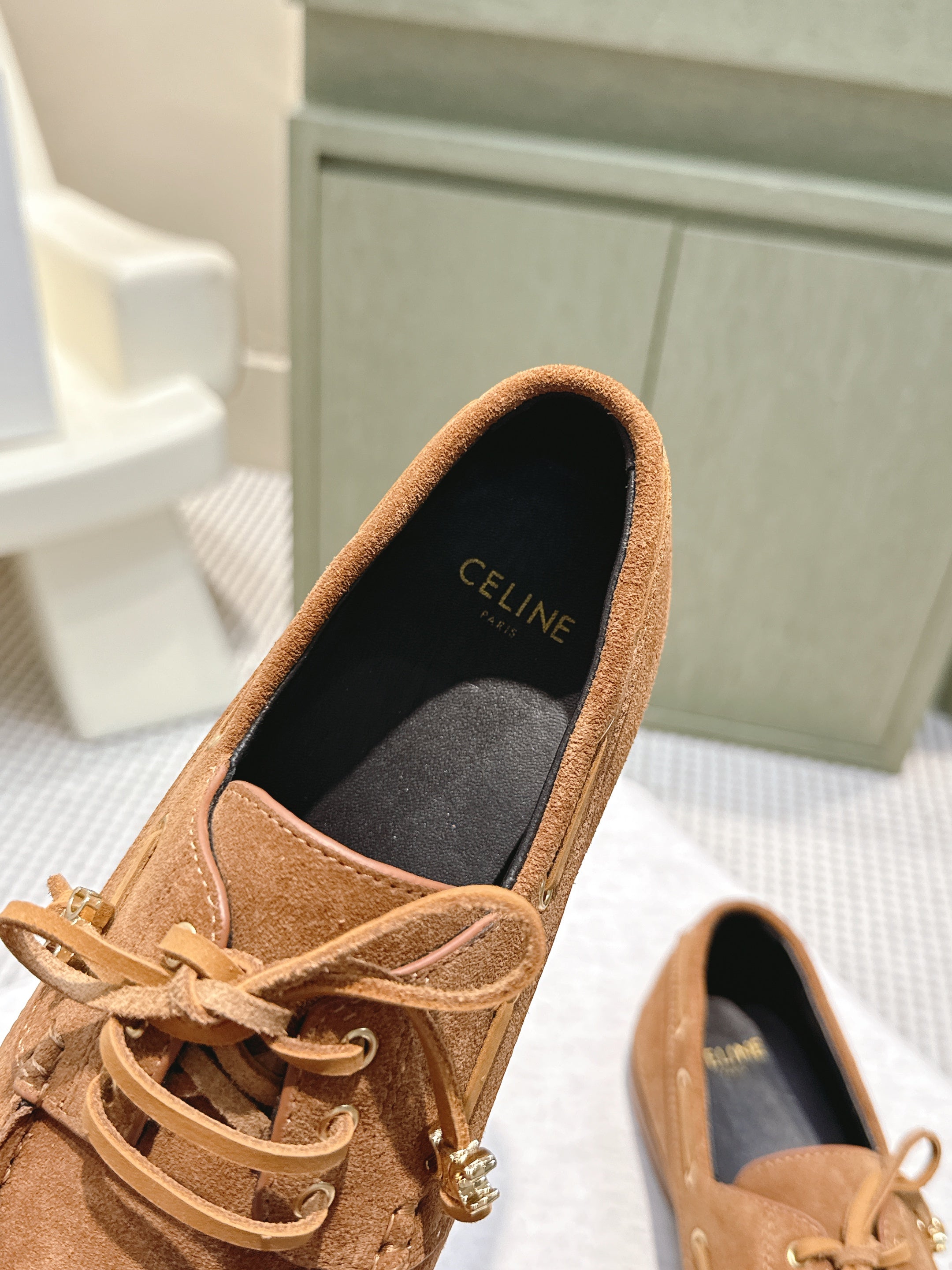 CELINE 26S LACE-UP LOAFERS IN BROWN SUEDE