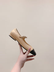 CHANEL 25S MARY JANE FLATS IN BEIGE LAMBSKIN WITH BLACK CAP TOE SILVER HARDWARE