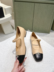 CHANEL 25S MARY JANE FLATS IN BEIGE LAMBSKIN WITH BLACK CAP TOE SILVER HARDWARE