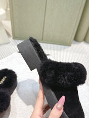 CHANEL 25S FUR-LINED MULES IN BLACK SUEDE