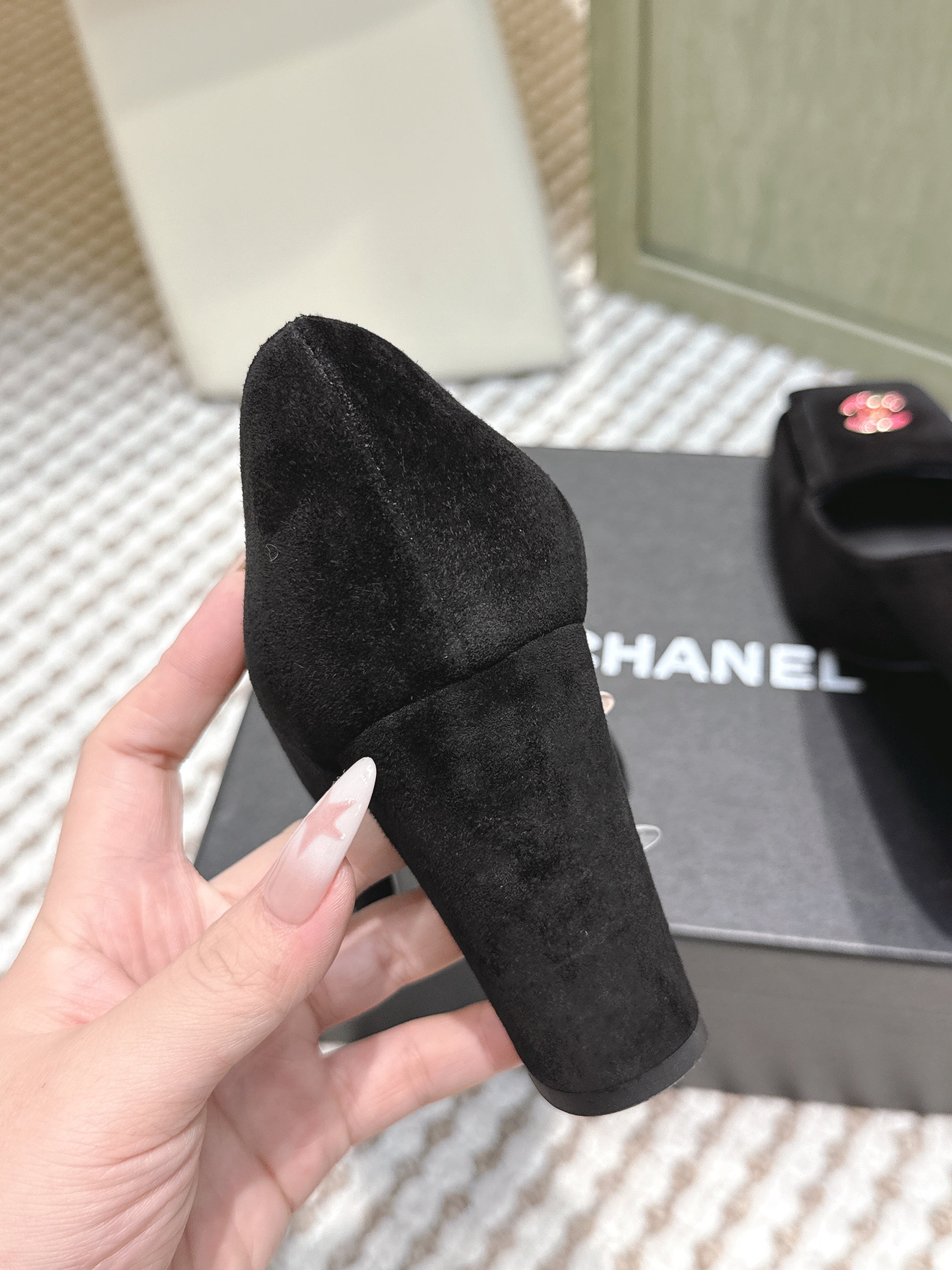CHANEL 25S SLINGBACK SHOES 90MM IN BLACK SUEDE SQUARE TOE PINK HARDWARE