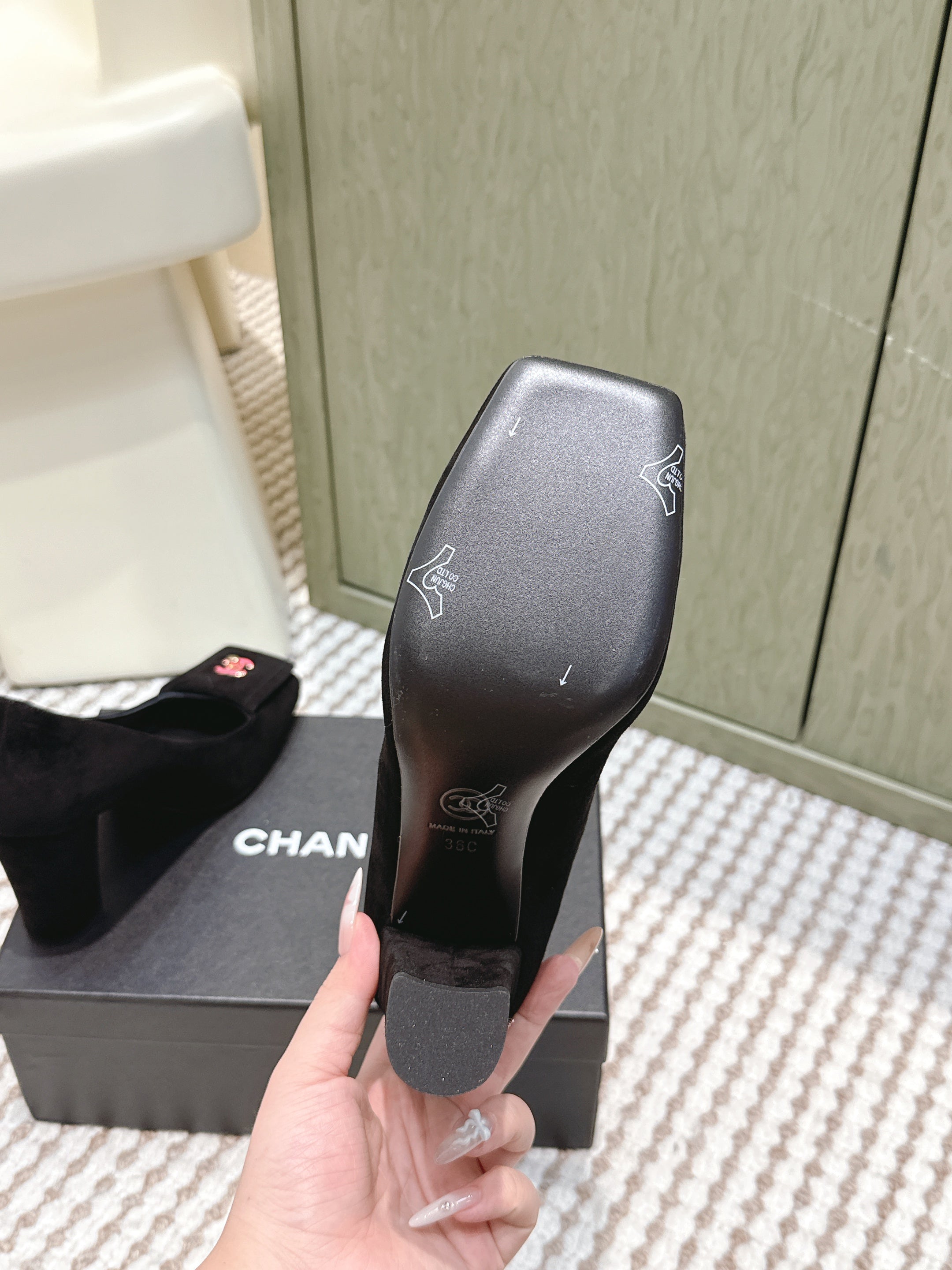 CHANEL 25S SLINGBACK SHOES 90MM IN BLACK SUEDE SQUARE TOE PINK HARDWARE