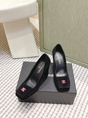 CHANEL 25S SLINGBACK SHOES 90MM IN BLACK SUEDE SQUARE TOE PINK HARDWARE