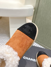 CHANEL 25S SHORT SUEDE BOOTS IN CARAMEL AND BLACK WITH SHEEPSKIN LINING