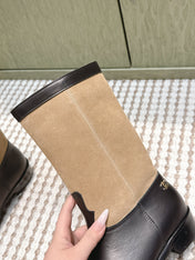 CHANEL 25S MID-CALF BOOTS IN TAN BROWN SUEDE MIX BLACK CALFSKIN