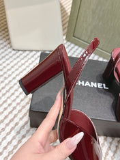 CHANEL 25S HIGH-HEELED SQUARE-TOE SLINGBACK 90MM IN DARK RED AND WHITE CALFSKIN
