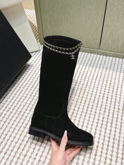 CHANEL 25S KNEE-HIGH BOOTS IN BLACK SUEDE GOLD HARDWARE