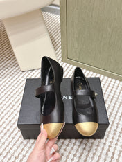 CHANEL 25S MARY JANE FLAT IN BLACK LAMBSKIN WITH YELLOW CAP TOE GOLD HARDWARE