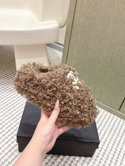 CHANEL 25S CLASSIC FURRY SLIDES IN BROWN WITH DOUBLE C LOGO