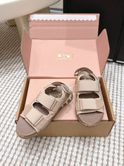 MIUMIU 26S VELCRO SANDALS IN LIGHT BROWN CALFSKIN AND NYLON SILVER HARDWARE