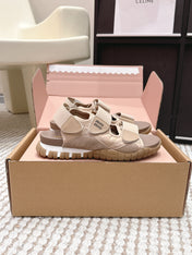 MIUMIU 26S VELCRO SANDALS IN LIGHT BROWN CALFSKIN AND NYLON SILVER HARDWARE