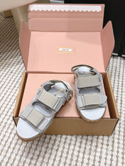 MIUMIU 26S VELCRO SANDALS IN GRAY CALFSKIN AND NYLON SILVER HARDWARE