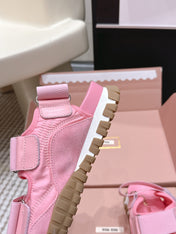 MIUMIU 26S VELCRO SANDALS IN PINK CALFSKIN AND NYLON SILVER HARDWARE