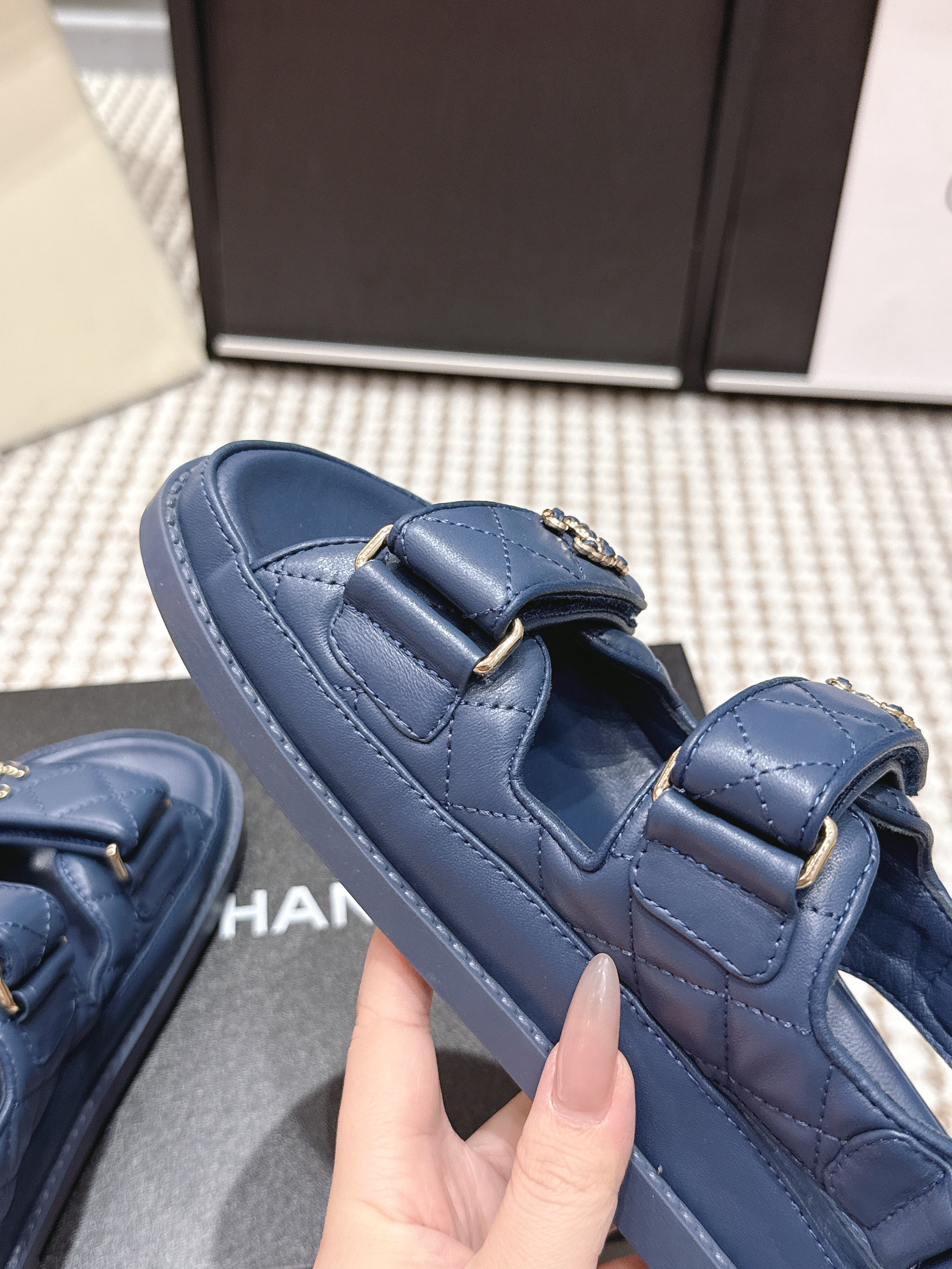 CHANEL 26S QUILTED DAD SANDALS IN SLATE BLUE CALFSKIN