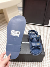 CHANEL 26S QUILTED DAD SANDALS IN SLATE BLUE CALFSKIN