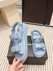 CHANEL 26S QUILTED DAD SANDALS IN LIGHT BLUE CALFSKIN