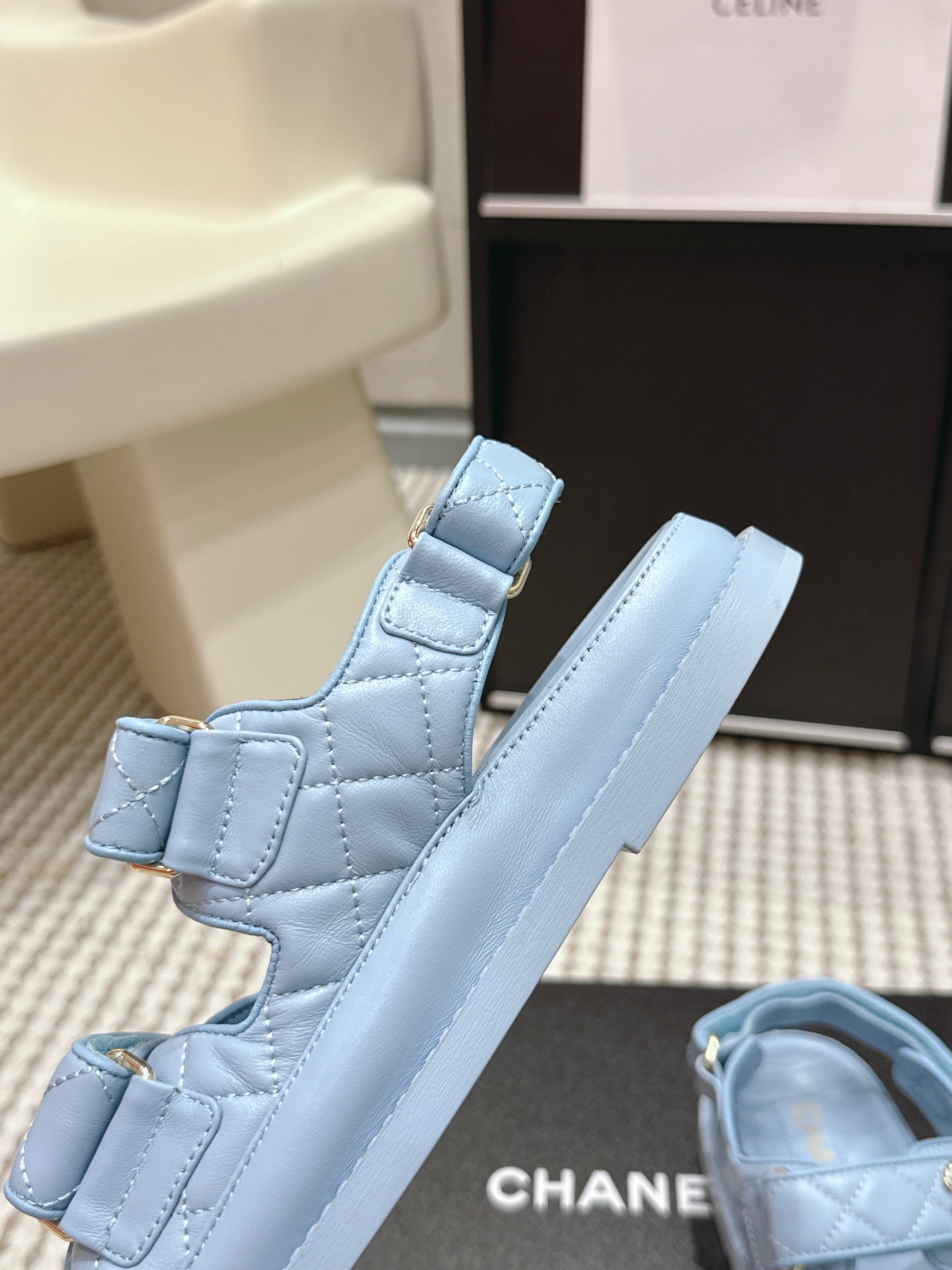 CHANEL 26S QUILTED DAD SANDALS IN LIGHT BLUE CALFSKIN