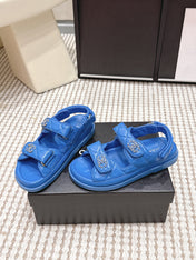 CHANEL 26S QUILTED DAD SANDALS IN BLUE CALFSKIN