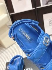 CHANEL 26S QUILTED DAD SANDALS IN BLUE CALFSKIN