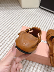 MIUMIU 26S RUCHES FISHERMAN SANDALS IN BROWN ORANGE CALFSKIN GOLD HARDWARE