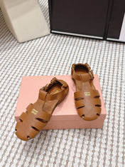 MIUMIU 26S RUCHES FISHERMAN SANDALS IN BROWN ORANGE CALFSKIN GOLD HARDWARE