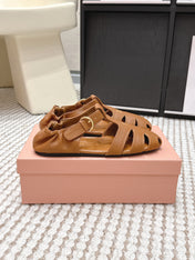MIUMIU 26S RUCHES FISHERMAN SANDALS IN BROWN ORANGE CALFSKIN GOLD HARDWARE