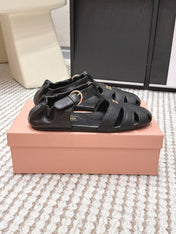 MIUMIU 26S RUCHES FISHERMAN SANDALS IN BLACK CALFSKIN GOLD HARDWARE