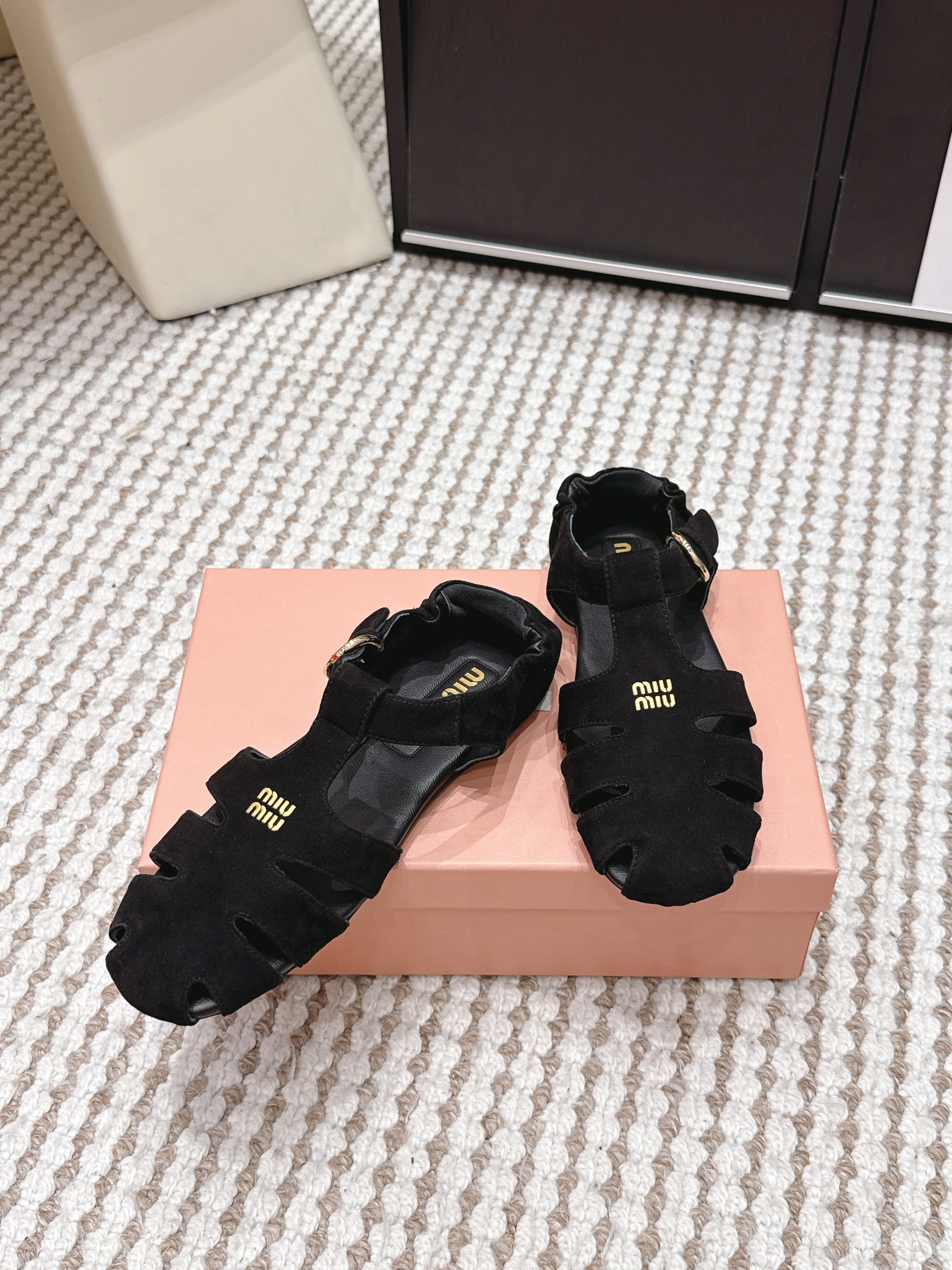 MIUMIU 26S RUCHES FISHERMAN SANDALS IN BLACK SUEDE GOLD HARDWARE