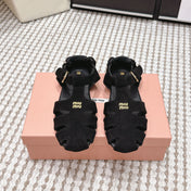 MIUMIU 26S RUCHES FISHERMAN SANDALS IN BLACK SUEDE GOLD HARDWARE