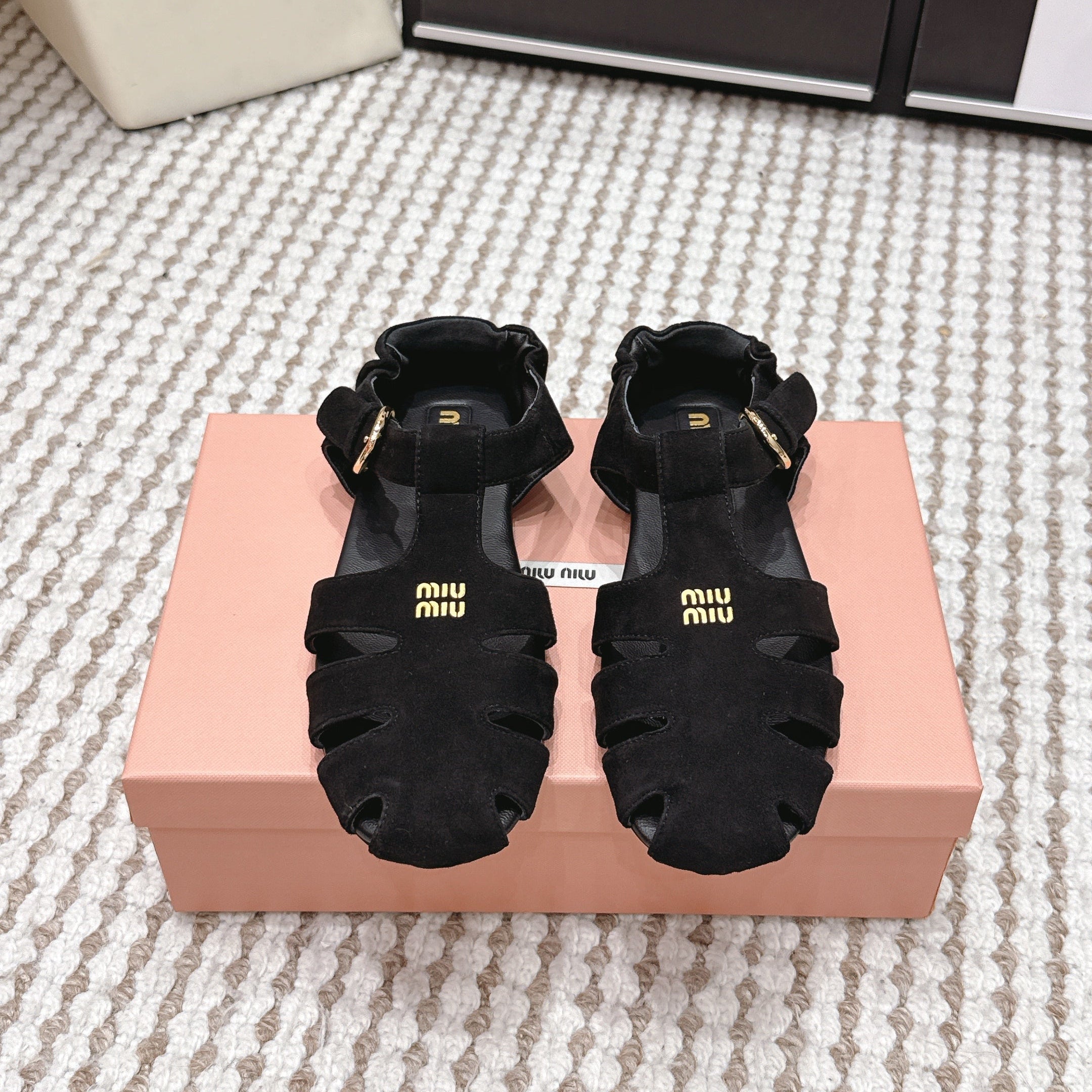 MIUMIU 26S RUCHES FISHERMAN SANDALS IN BLACK SUEDE GOLD HARDWARE