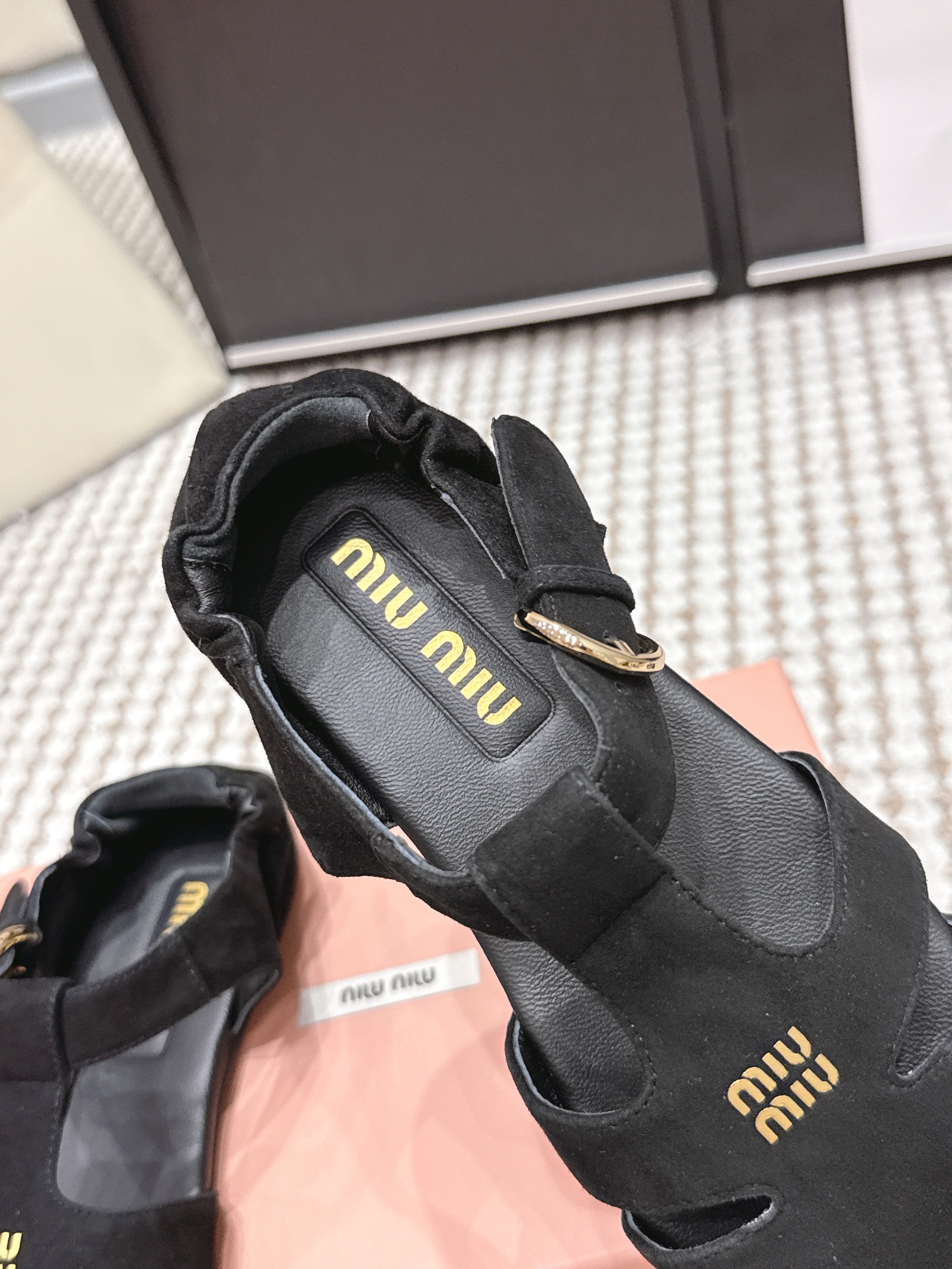 MIUMIU 26S RUCHES FISHERMAN SANDALS IN BLACK SUEDE GOLD HARDWARE