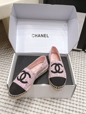 CHANEL 26S SLIP ONS IN PINK MIX BLACK TWEED AND PATENT CALFSKIN