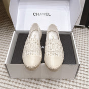 CHANEL 26S SLIP ONS IN WHITE TWEED AND PATENT CALFSKIN