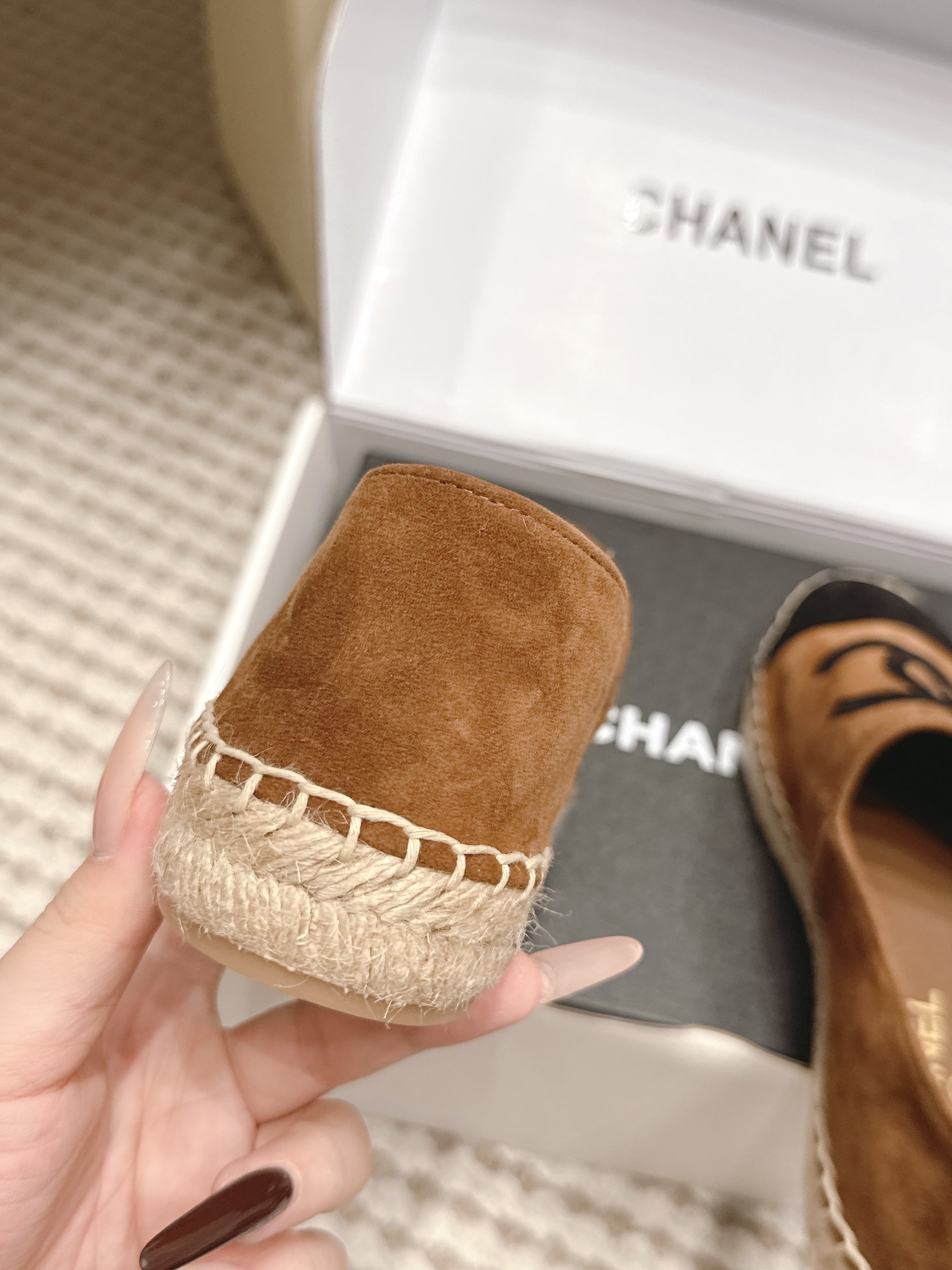 CHANEL 26S ESPADRILLE SLIP-ONS IN BROWN MIX BLACK SUEDE