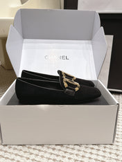 CHANEL 26S SQUARE TOE FLATS IN BLACK SUEDE WITH GOLD TONE CC LOGO