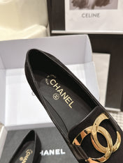 CHANEL 26S SQUARE TOE FLATS IN BLACK SUEDE WITH GOLD TONE CC LOGO
