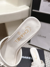 CHANEL 26S SQUARE TOE HIGH HEEL SANDALS IN OFF WHITE CALFSKIN