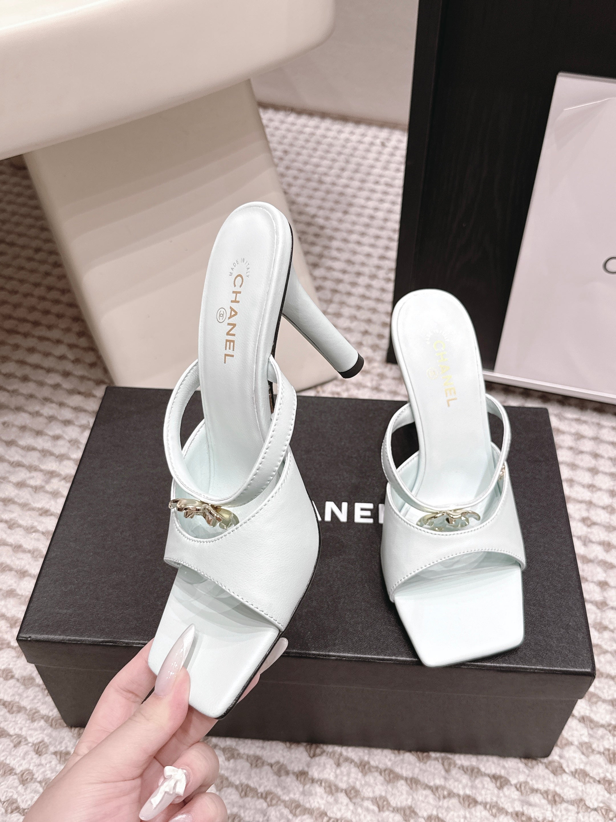 CHANEL 26S SQUARE TOE HIGH HEEL SANDALS 50 MM IN LIGHT BLUE CALFSKIN