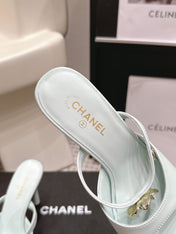 CHANEL 26S SQUARE TOE HIGH HEEL SANDALS 50 MM IN LIGHT BLUE CALFSKIN