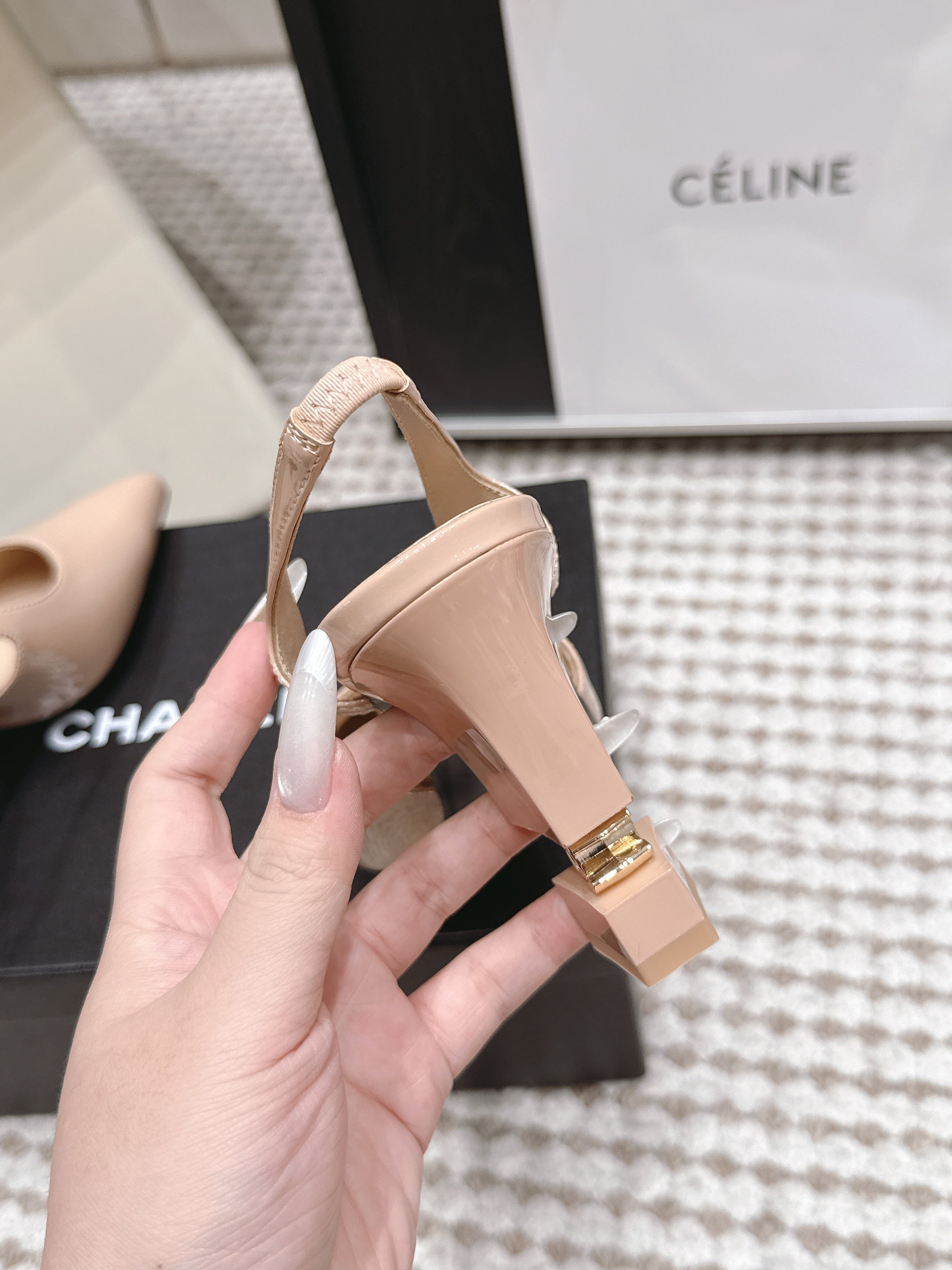 CHANEL 26S HIGH HEEL SLINGBACKS 80 MM IN BEIGE PATENT