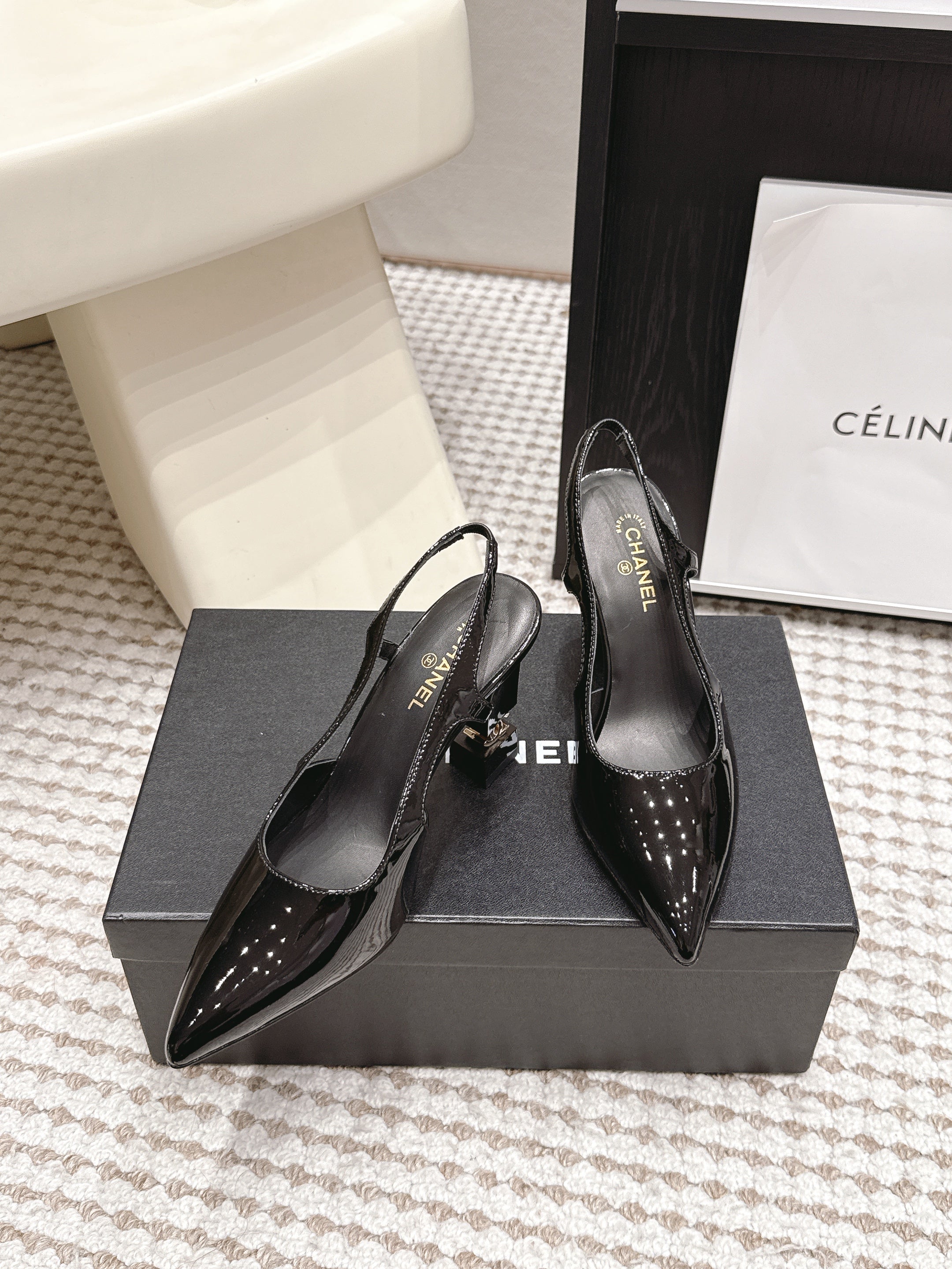 CHANEL 26S HIGH HEEL SLINGBACKS 80 MM IN BLACK PATENT